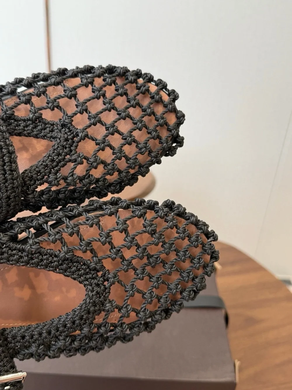 Alaia Black Crochet Mary Jane Flats with Buckle Strap